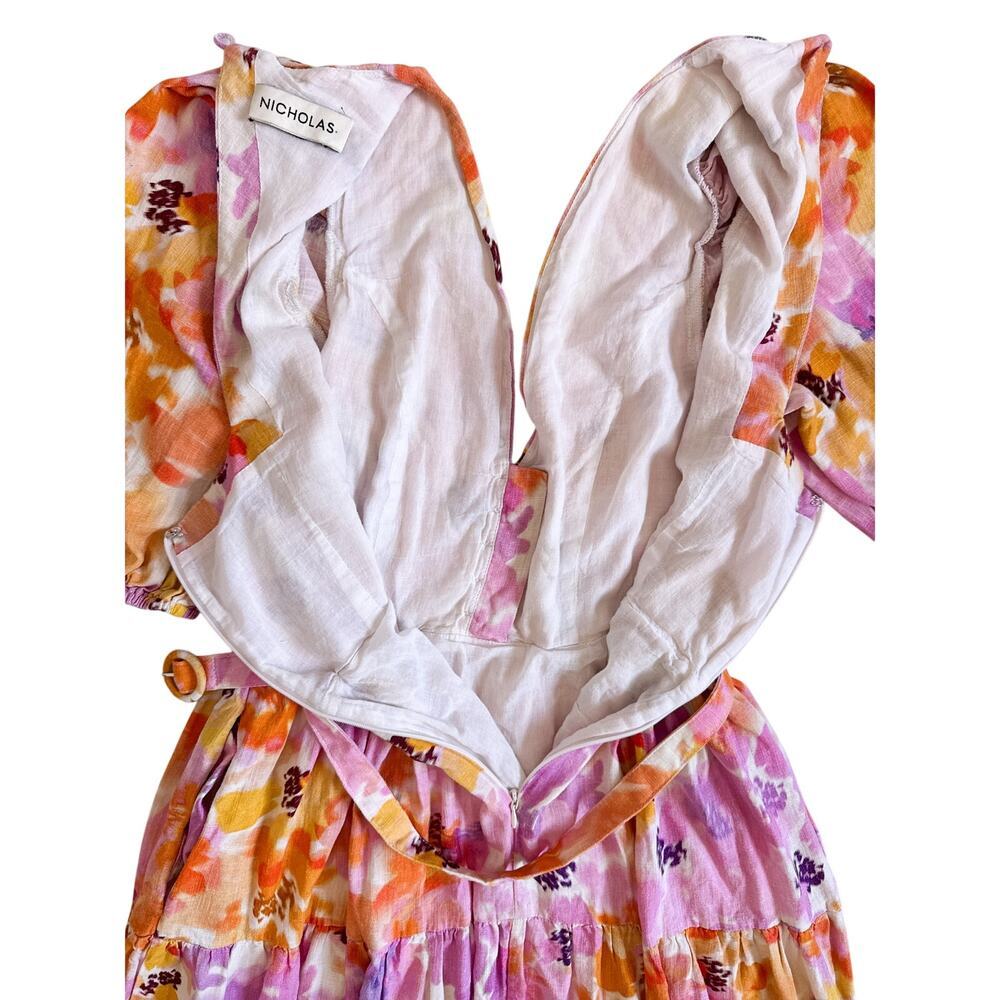 NICHOLAS Celie Floral Linen Blend Midi Dress Pink Orange Belted Size 8 - Picture 10 of 12